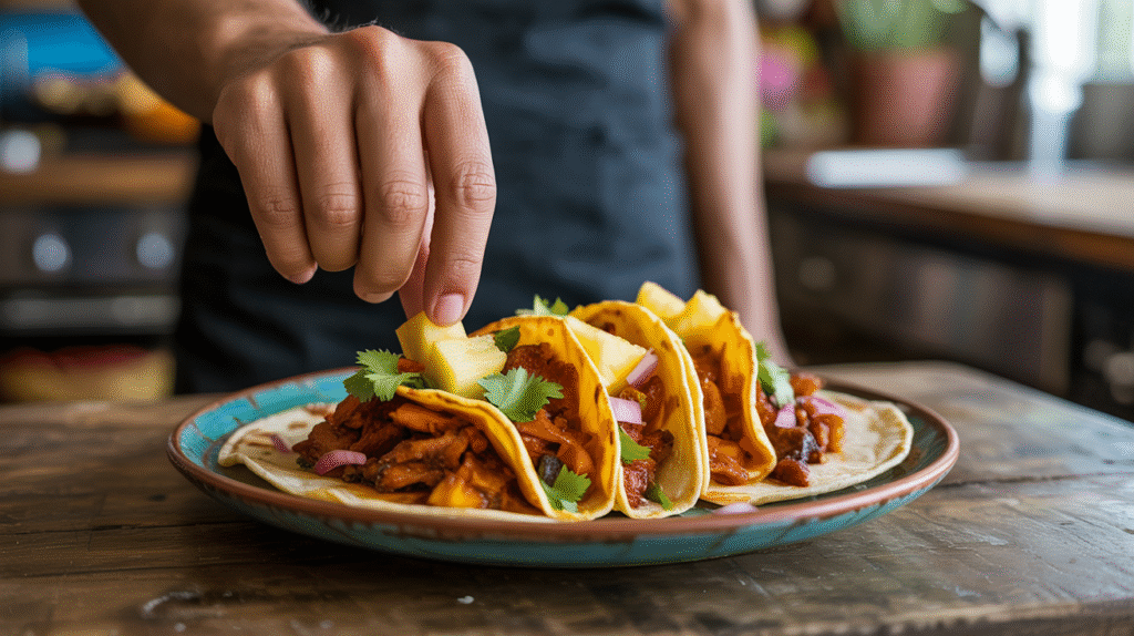 La mejor forma de preparar tacos al pastor con piña asada es marinar la carne en achiote y asarla lentamente
